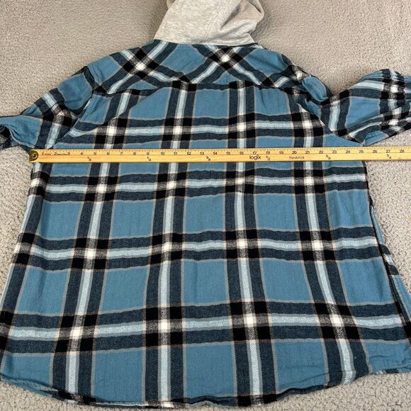 Quiksilver Hooded Flannel Shirt Mens XXL Blue Black Plaid Shacket Button Surf - Picture 9 of 11